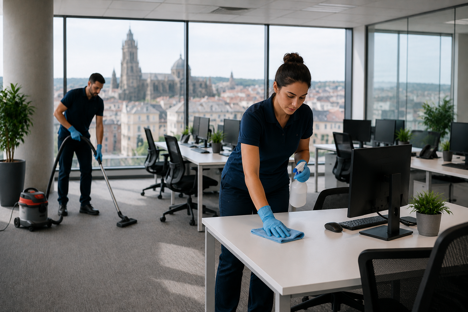 Technicien réalisant le nettoyage de bureaux dans des locaux professionnels à Limoges