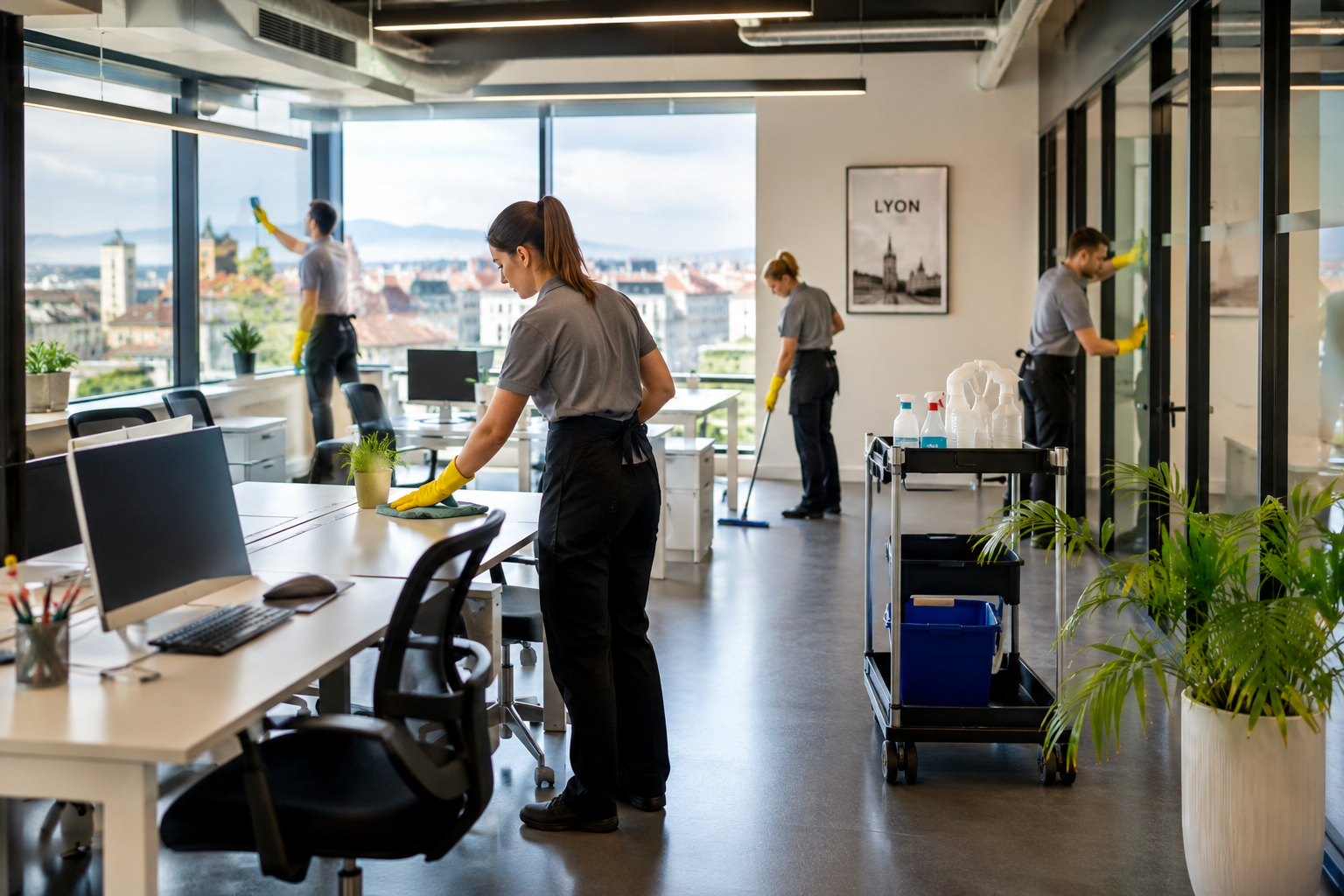 Agent réalisant un nettoyage bureaux Lyon dans des locaux professionnels modernes