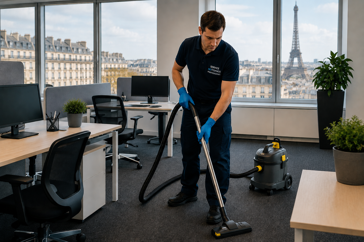 Technicien réalisant le nettoyage de bureaux dans des locaux professionnels à Paris