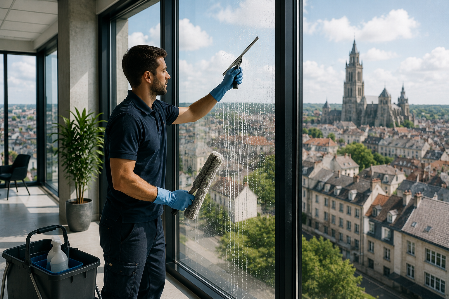 Technicien réalisant le nettoyage de vitres sur un bâtiment professionnel à Limoges