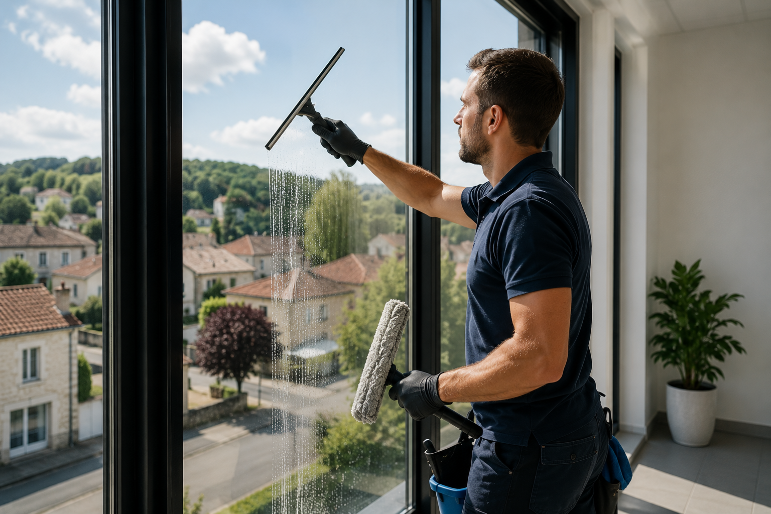 Technicien réalisant un nettoyage de vitres Nantiat