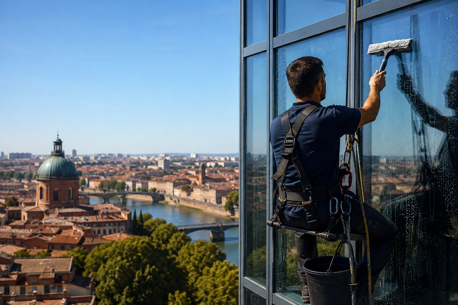 Agent effectuant un nettoyage de vitres Toulouse